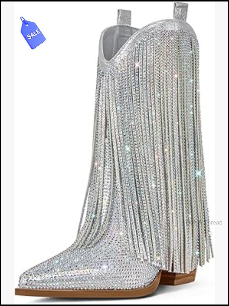 Cowgirl Rhinestone Fringe Pointed Toe Western Boot Chunky Heel Pull-On